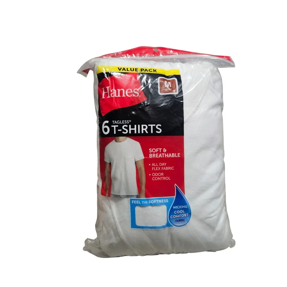 Hanes T-Shirts Mens Medium White 6-Pack Tagless Crew Neck Cotton Undershirts Tee